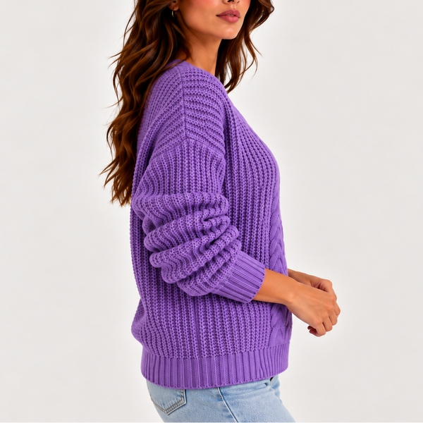Women’s Cable Knit V-Neck Sweater – Long Sleeve Knitted Jumper