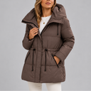 Women's Hooded Puffer Coat with Drawstring Waist and Zip Pockets
