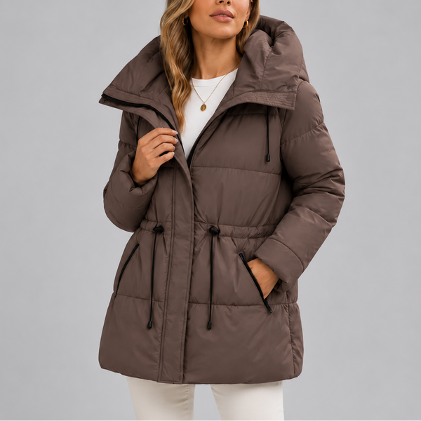 Women's Hooded Puffer Coat with Drawstring Waist and Zip Pockets