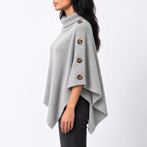Women’s Knitted Turtleneck Poncho with Buttons and Asymmetric Hem