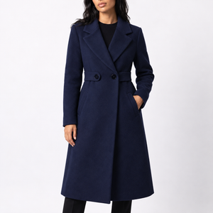 Women’s Long Belted Wool Winter Coat with Wide Lapels and Side Pockets