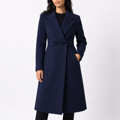 Women’s Long Belted Wool Winter Coat with Wide Lapels and Side Pockets