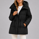 Women's Hooded Puffer Coat with Drawstring Waist and Zip Pockets