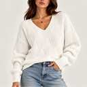 Women’s Oversized Cable Knit V-Neck Sweater – Textured Jumper