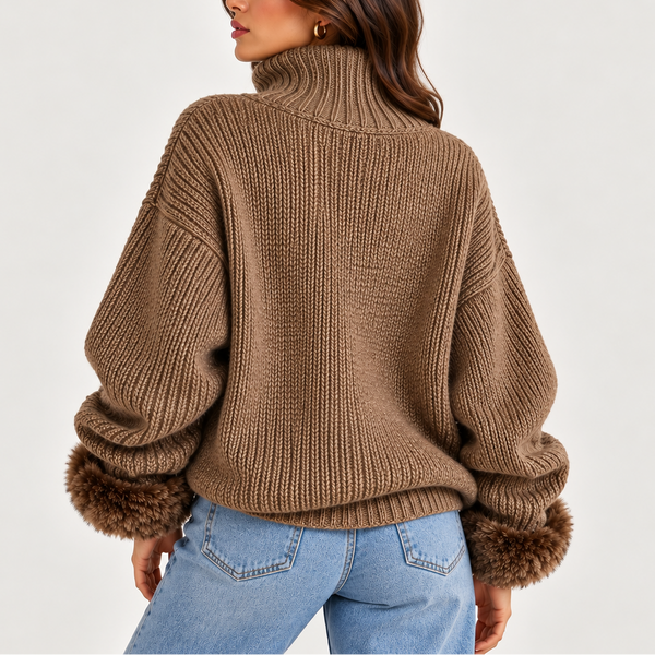Women’s Oversized Half-Zip Knit Sweater with Faux Fur Cuffs