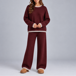 Women's Knitted Winter Lounge Set – Contrast Trim Sweater & Wide Leg Pants