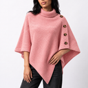 Women’s Knitted Turtleneck Poncho with Buttons and Asymmetric Hem