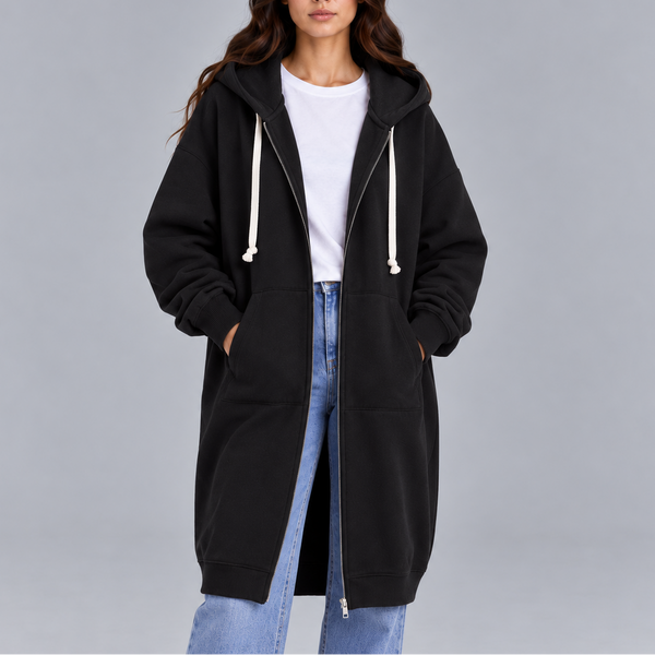 Women's Long Oversized Zip-Up Hoodie – Casual Hooded Sweatshirt Coat with Pockets
