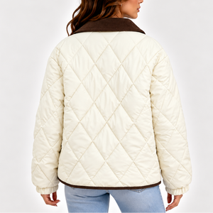 Women’s Quilted Puffer Jacket with Corduroy Collar – Long Sleeve Coat