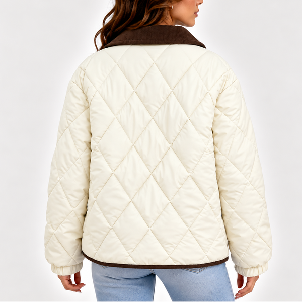 Women’s Quilted Puffer Jacket with Corduroy Collar – Long Sleeve Coat
