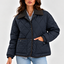Women’s Quilted Puffer Jacket with Corduroy Collar – Long Sleeve Coat