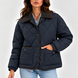 Women’s Quilted Puffer Jacket with Corduroy Collar – Long Sleeve Coat