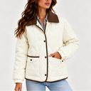 Women’s Quilted Puffer Jacket with Corduroy Collar – Long Sleeve Coat