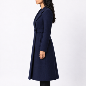 Women’s Long Belted Wool Winter Coat with Wide Lapels and Side Pockets