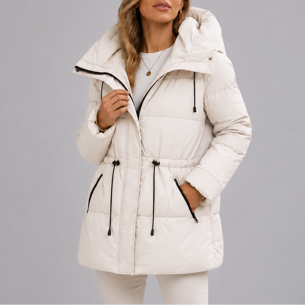 Women's Hooded Puffer Coat with Drawstring Waist and Zip Pockets