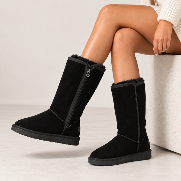 Women's Tall Winter Boots – Faux Fur Lined with Side Zipper and Suede Finish