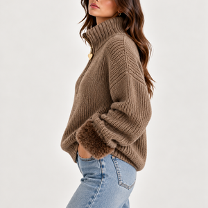 Women’s Oversized Half-Zip Knit Sweater with Faux Fur Cuffs