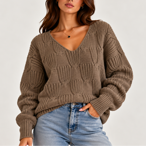 Women’s Oversized Cable Knit V-Neck Sweater – Textured Jumper