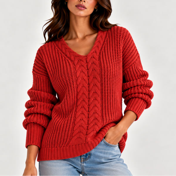 Women’s Cable Knit V-Neck Sweater – Long Sleeve Knitted Jumper