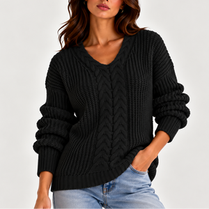Women’s Cable Knit V-Neck Sweater – Long Sleeve Knitted Jumper
