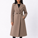 Women’s Long Belted Wool Winter Coat with Wide Lapels and Side Pockets