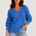 Women’s Cable Knit V-Neck Sweater – Long Sleeve Knitted Jumper