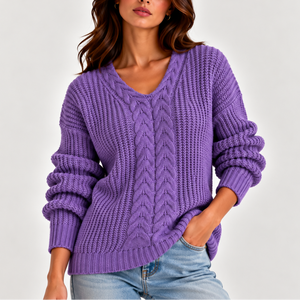 Women’s Cable Knit V-Neck Sweater – Long Sleeve Knitted Jumper