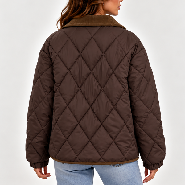 Women’s Quilted Puffer Jacket with Corduroy Collar – Long Sleeve Coat