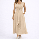 Elegant Sleeveless Midi Dress with Waist Tie Detail