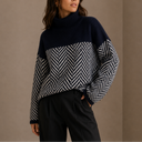 Women’s Herringbone Turtleneck Sweater – Oversized Winter Knit Jumper