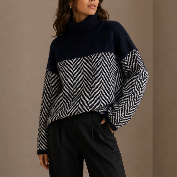 Women’s Herringbone Turtleneck Sweater – Oversized Winter Knit Jumper