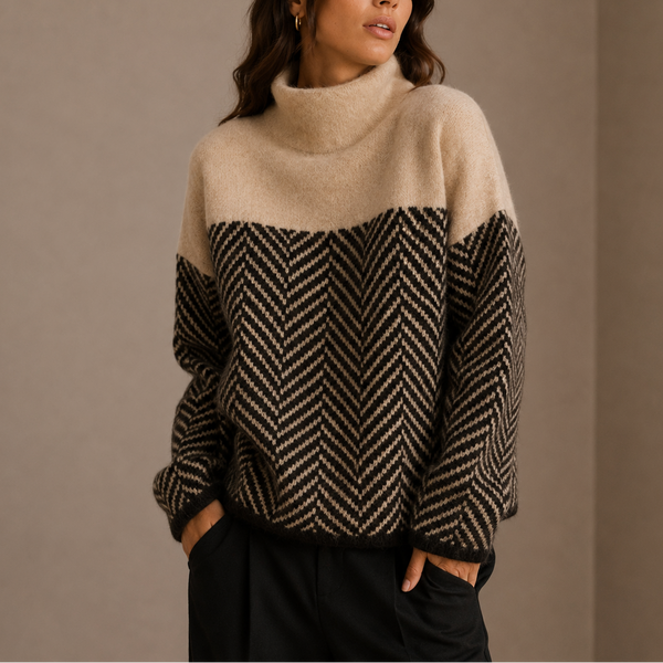 Women’s Herringbone Turtleneck Sweater – Oversized Winter Knit Jumper