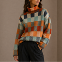 Women’s Checkered Turtleneck Sweater – Oversized Winter Knit Jumper