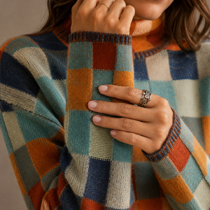 Women’s Checkered Turtleneck Sweater – Oversized Winter Knit Jumper