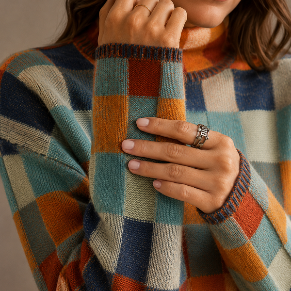 Women’s Checkered Turtleneck Sweater – Oversized Winter Knit Jumper