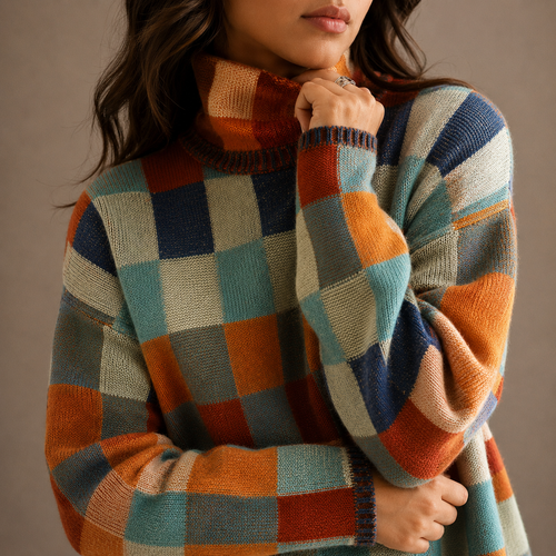 Women’s Checkered Turtleneck Sweater – Oversized Winter Knit Jumper