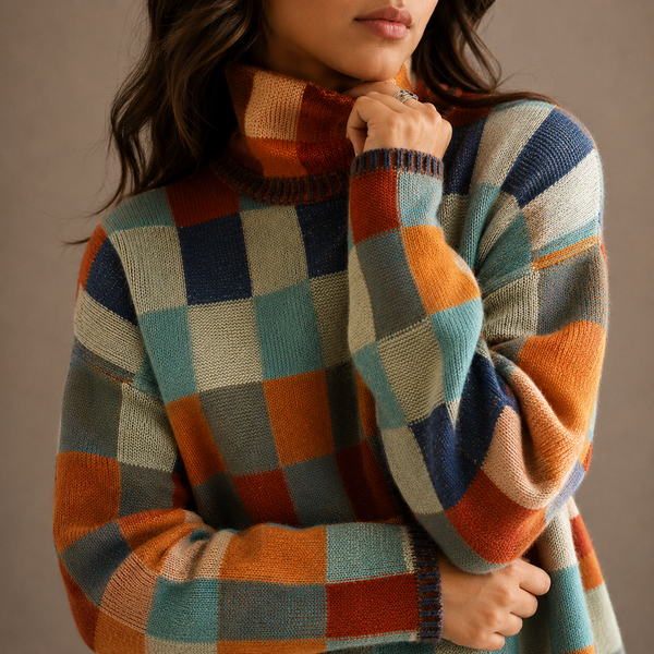 Women’s Checkered Turtleneck Sweater – Oversized Winter Knit Jumper