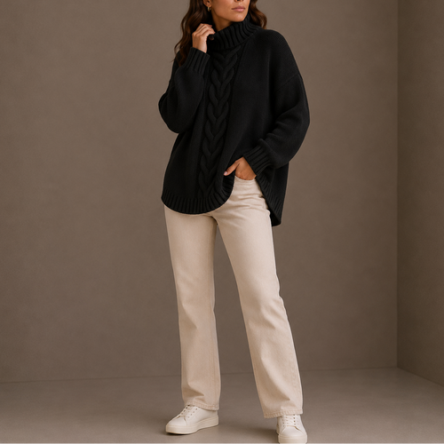 Women’s Cable Knit Turtleneck Sweater – Oversized Winter Jumper