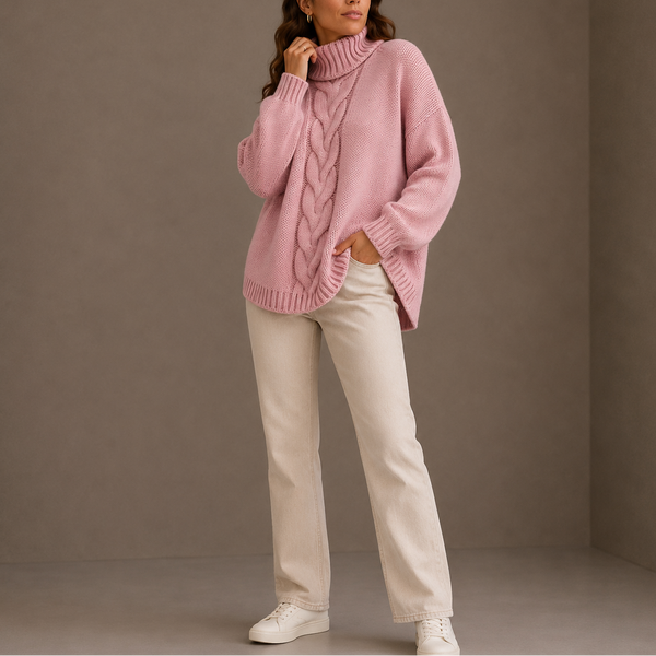Women’s Cable Knit Turtleneck Sweater – Oversized Winter Jumper