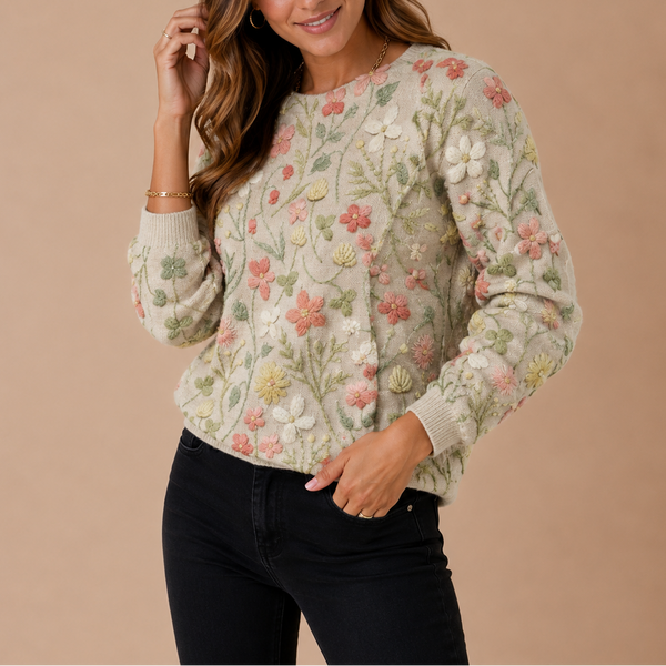 Women’s Floral Knit Sweater – Embroidered Flower Jumper