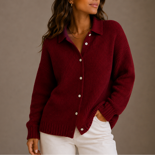 Women’s Knit Cardigan – Collared Button-Up Relaxed Fit