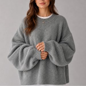 Women’s Oversized Knit Jumper – Crew Neck Sweater with Balloon Sleeves