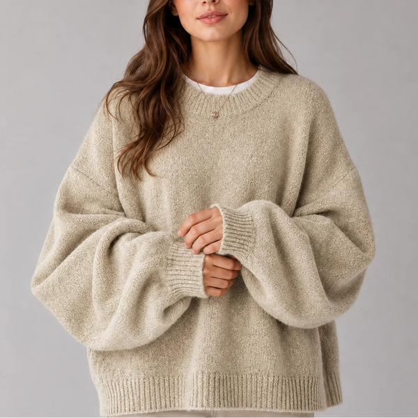 Women’s Oversized Knit Jumper – Crew Neck Sweater with Balloon Sleeves