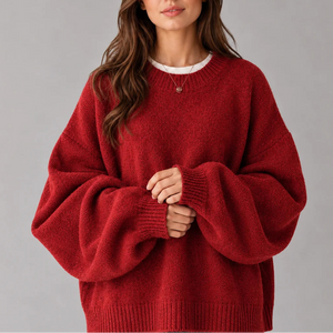 Women’s Oversized Knit Jumper – Crew Neck Sweater with Balloon Sleeves