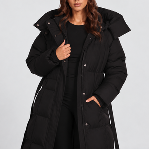 Women's Long Hooded Puffer Coat | Belted Winter Padded Jacket
