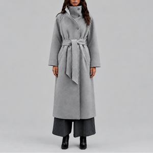 Women's Long Wool Coat | Belted Winter Wrap Coat with Wide Collar