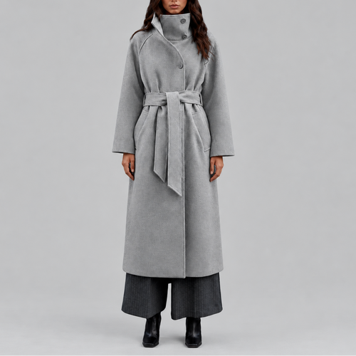 Women's Long Wool Coat | Belted Winter Wrap Coat with Wide Collar