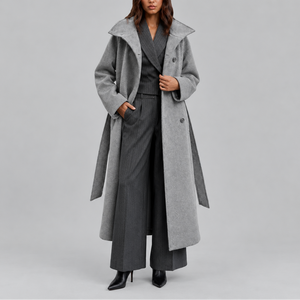 Women's Long Wool Coat | Belted Winter Wrap Coat with Wide Collar