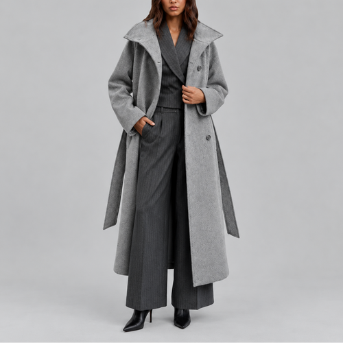 Women's Long Coat | Belted Winter Wrap Coat with Wide Collar