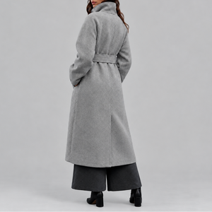 Women's Long Wool Coat | Belted Winter Wrap Coat with Wide Collar